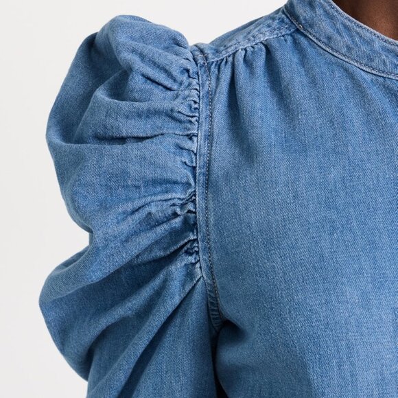 FRAME Denim Gillian Mini Denim Dress in Bluebird with Puff Sleeves | Size Large - Picture 7 of 7